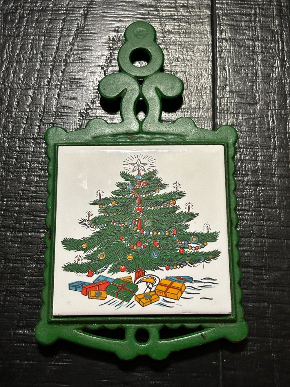 Vintage Christmas Tree Cast Iron Ceramic Tile Trivet Taiwan Green Holiday Decor